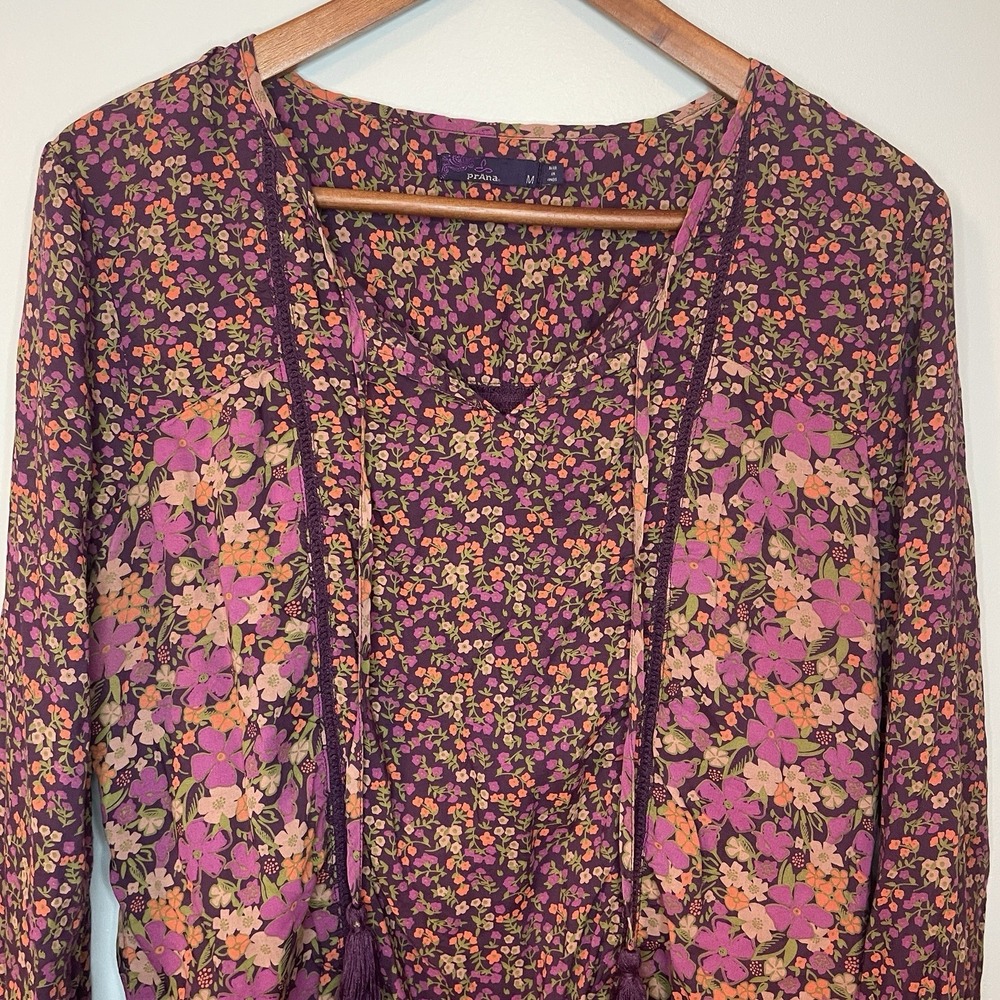 Prana Women's Faith Top Shirt Purple Floral Print Long Sleeve Blouse Size M - Picture 2 of 6